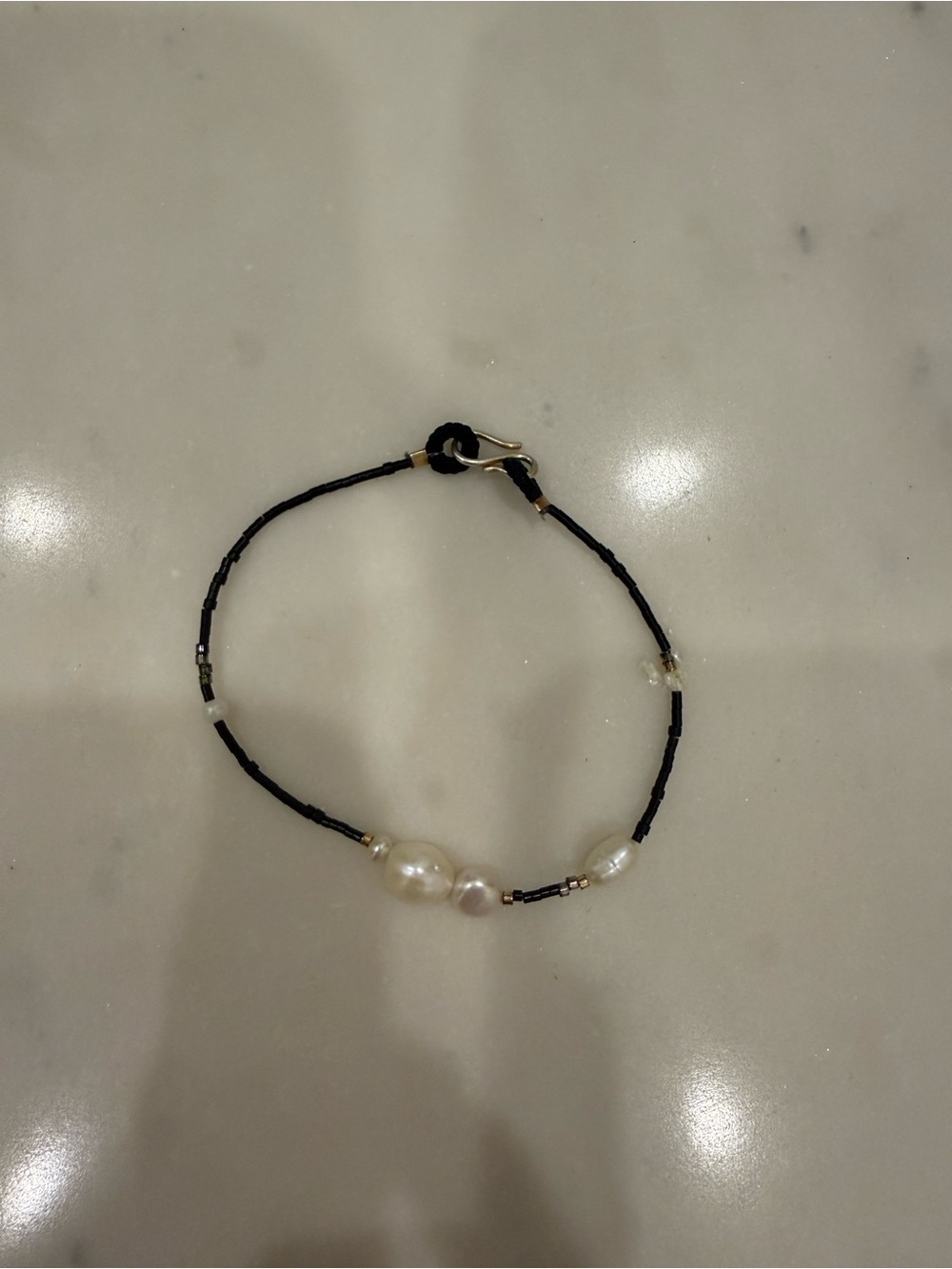 Delicate Black Bead Bracelet with Freshwater Pearls - Women Jewelry